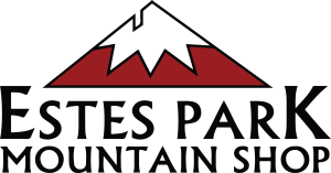 Logo of Estes Park Mountain Shop featuring a stylized red mountain with a snowy peak above the store's name in bold, black lettering.