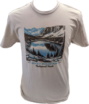 Gray t-shirt featuring a graphic of Rocky Mountain National Park's Mills Lake with mountains in the background, labeled "Rocky Mountain National Park" at the bottom.