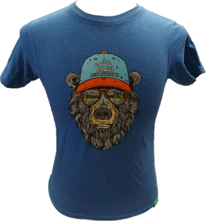 Introducing the "T-Shirt - Kids RMNP Bear Sunglasses", a blue t-shirt showcasing a graphic of a bear wearing a cap and sunglasses. The cap features a logo with mountains and the text "Rocky Mountain HD".