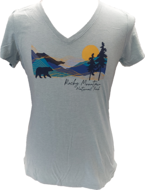 A "T-Shirt - RMNP Bear Mist" featuring a gray V-neck design with "Rocky Mountain National Park" text, showcasing a scenic graphic of mountains, trees, a sun, and a bear.