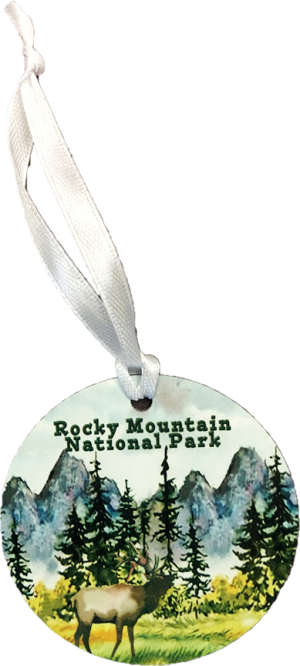 A circular ornament with a ribbon, featuring an illustration of a forest, mountains, an elk, and the text "Rocky Mountain National Park," called Ornament - RMNP Mountain Elk.