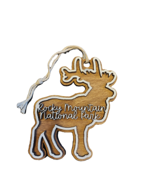 A wooden elk outline ornament titled "Ornament - Wooden Elk Outline," featuring "Rocky Mountain National Park" text and a string attached for hanging.