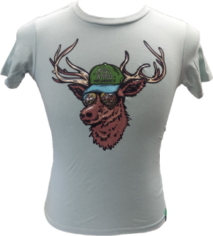 A light grey kids' t-shirt adorned with an illustration of an elk head sporting a green cap and mirrored sunglasses.