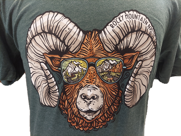 The "T-Shirt - RMNP Ram Sunglasses" features a graphic of a bighorn sheep wearing sunglasses with mirrored images of mountains and trees, labeled "Rocky Mountain NP" on a dark green shirt.