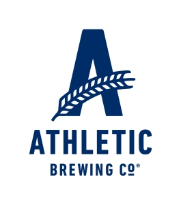 Logo of Athletic Brewing Co. featuring a large blue letter "A" with a barley stalk overlay. The text "ATHLETIC BREWING CO" is below the letter.