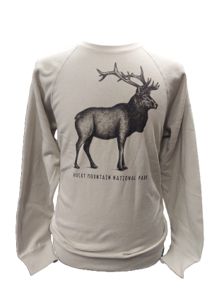 Gray "Elk Sketch Crewneck" sweatshirt with an illustration of an elk and "Rocky Mountain National Park" text.