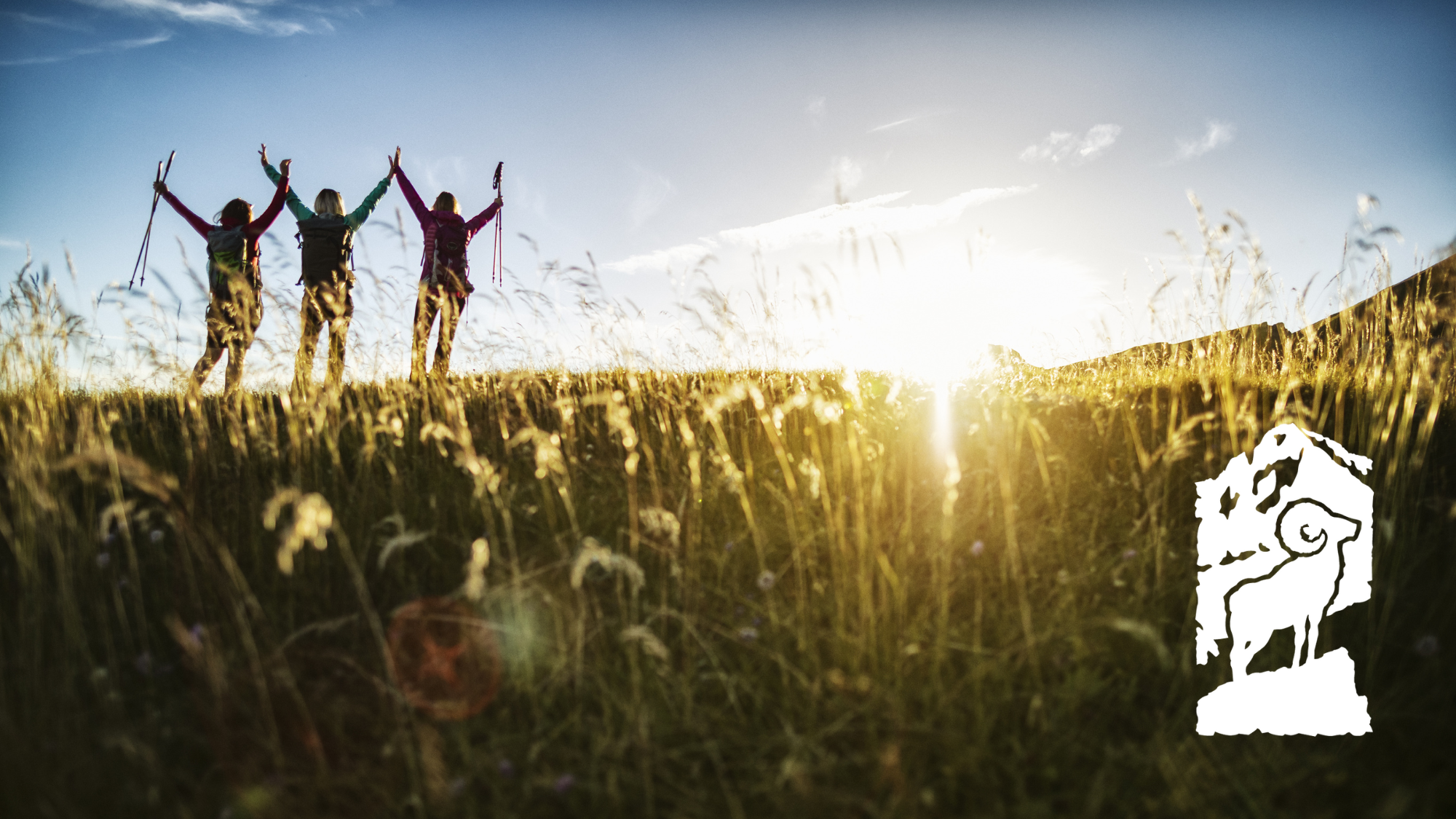 Three people with hiking gear celebrate on a sunlit grassy hill, with a mountain logo in the corner.