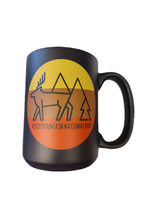 Black mug with a design featuring an elk logo, mountains, and a tree, labeled "RMNP Elk Logo.