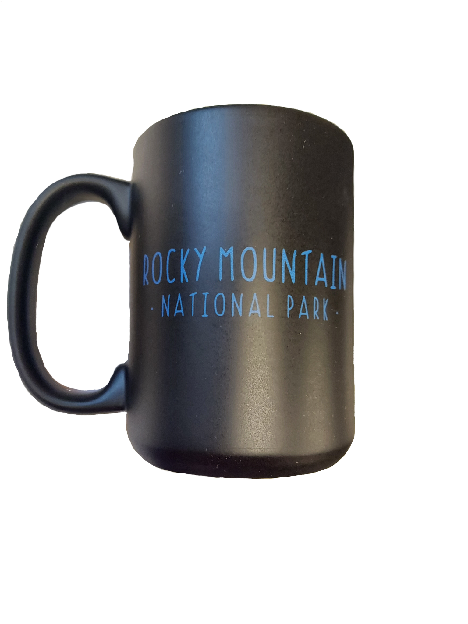 Black mug featuring blue text and a design associated with "Rocky Mountain National Park," known as the RMNP Bear Logo.