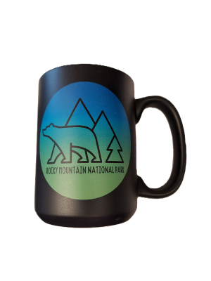 Mug - RMNP Bear Logo: A black mug showcasing a silhouetted bear and mountain design with the text "Rocky Mountain National Park.