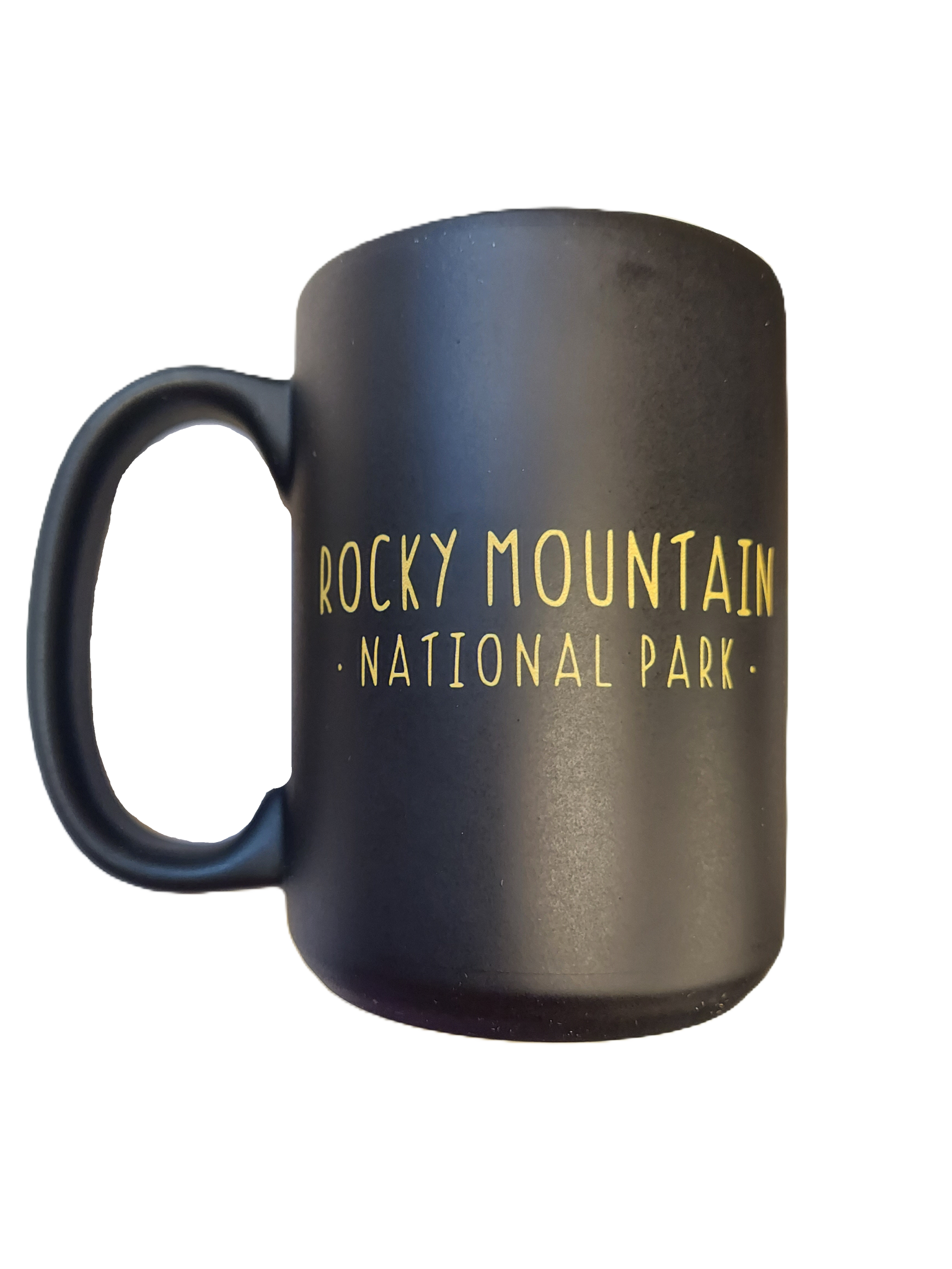 Black mug with the "RMNP Elk Logo" design and the text "Rocky Mountain National Park" in yellow letters.