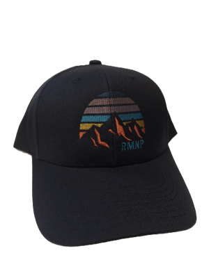 A black "Hat - RMNP Mountain Sunset" featuring a vibrant striped mountain design and the letters "RMNP" embroidered on the front.