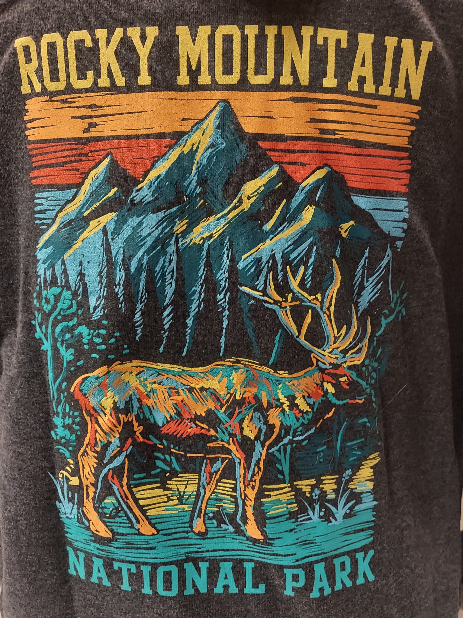 This design on a sweatshirt features an illustrated elk in front of vibrant mountains with the text "Rocky Mountain National Park," on the RMNP Scribble Elk Hooded style.