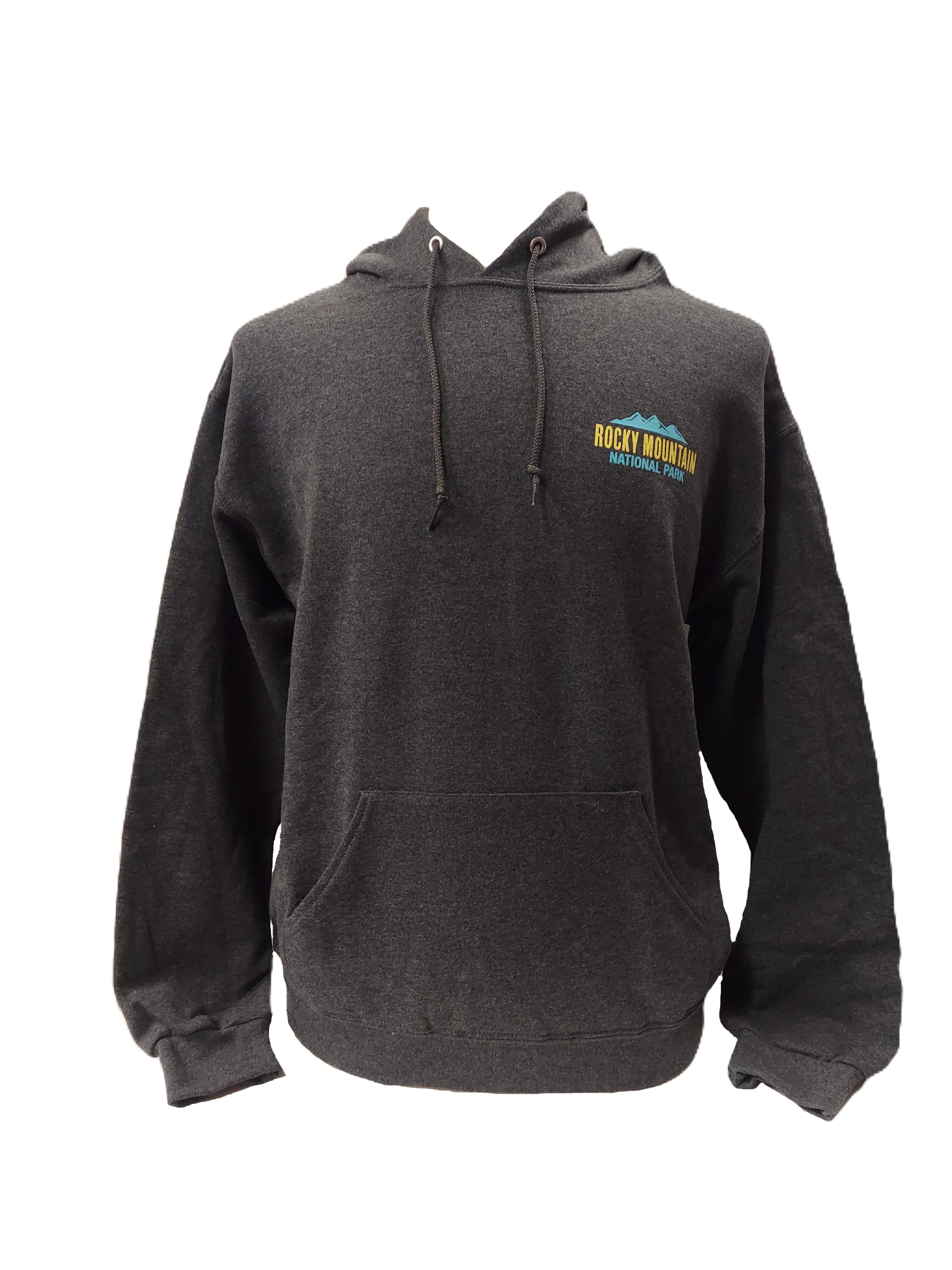 Gray hoodie with the "RMNP Scribble Elk Hooded" design, showcasing green mountain outlines and a "Rocky Mountain National Park" logo on the chest.