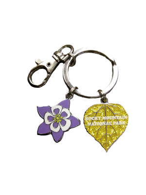 Keychain - Aspen and Columbine: Features a silver ring and clasp with two charms—a purple flower and a yellow leaf inscribed with "Rocky Mountain National Park.