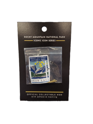 Walking Stick Medallion - RMNP Bear Lake, part of the Rocky Mountain National Park Scenic Icon Series, comes attached to its original packaging and includes an adhesive backing option.