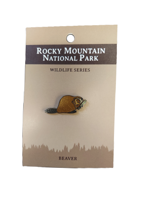 Enamel pin of a beaver on a card labeled "RMNP North American Wildlife Series Beaver.