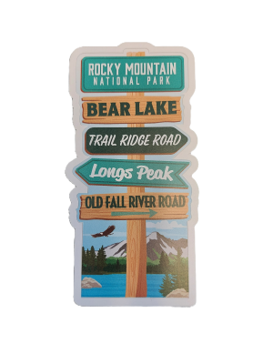 Sticker featuring a wooden signpost with arrows for Rocky Mountain National Park destinations like Bear Lake, Trail Ridge Road, Longs Peak, and Old Fall River Road, set against a backdrop of mountains and a lake. Product Name: Sticker - RMNP Directional Sign.