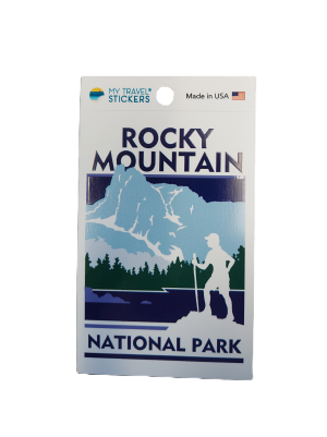 A sticker named "Sticker-RMNP Travel Sticker Scenic Hiker" features illustrated mountains and a hiker, displays the "My Travel Stickers" logo, and includes "Made in USA" text.