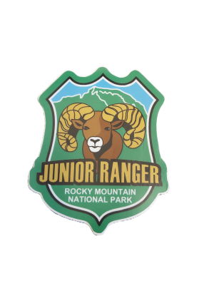 The Junior Ranger badge, now as a "Sticker - RMNP Junior Ranger Ram," showcases a ram illustration with the text "Rocky Mountain National Park.