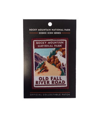 A collectible patch named "Patch - Old Fall River Road" showcases Rocky Mountain National Park with scenic mountains, a road, and a bird.