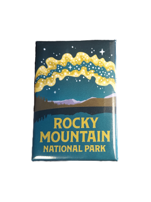 This illustrated magnet, "RMNP Milky Way," showcases the Rocky Mountain National Park with mountains, trees, and a starry night sky.