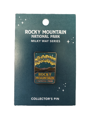 Rocky Mountain National Park Milky Way pin on a blue card, from the Milky Way series.